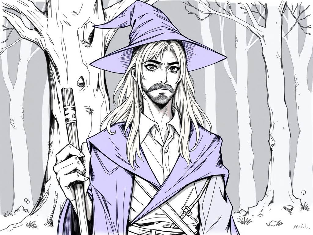 sketch, monochrome, greyscale, 1boy, solo, male focus, mature male, wizard, long hair, brown hair, black eyes, looking at viewer, hat, facial hair, beard, mustache, staff, wizard hat, purple hat, shirt, collared shirt, robe, purple robe, cloak, holding, holding staff, upper body, standing, outdoors, forest, nature, tree, fog, dark background