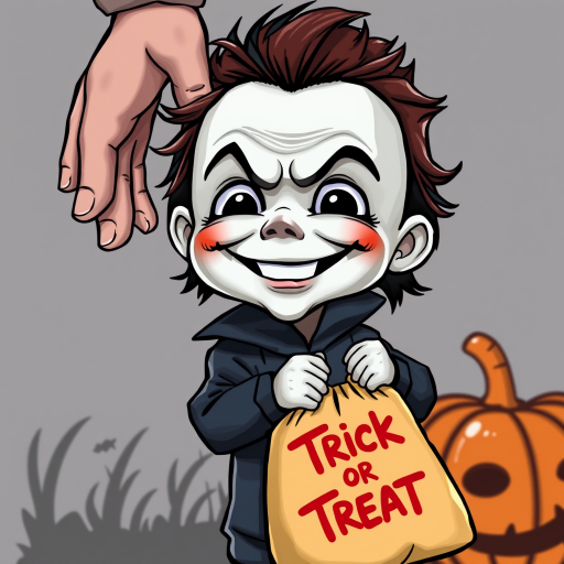 A whimsical caricature of a child version of Michael Myers, grinning mischievously. He is held by the hand of an unrecognizable person (only their hand visible), while holding a bag labeled 'Trick or Treat.' His facial expression is playful yet slightly menacing, reflecting his iconic figure. The scene is in portrait format with a Halloween theme, featuring exaggerated cartoon details like big eyes, a small body, and a creepy yet light-hearted tone.