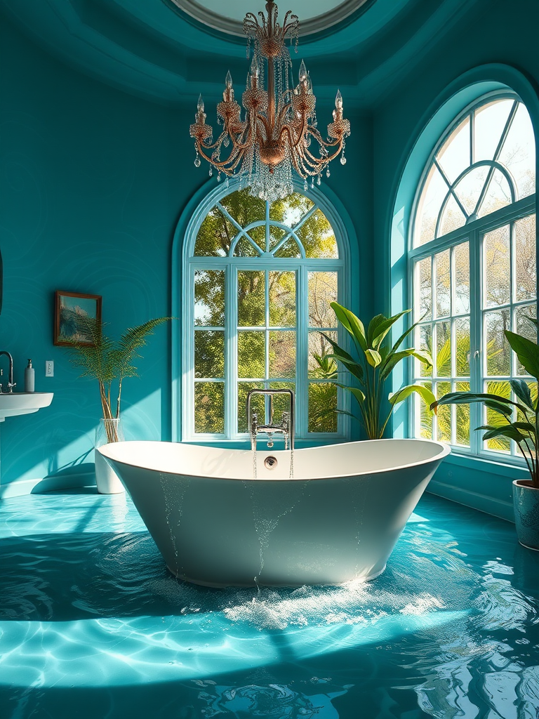 a luxurious bathroom scene featuring a freestanding bathtub surrounded by cascading water, vibrant teal walls with a swirling design, elegant chandelier overhead, large arched windows letting in natural light, lush greenery, high dynamic range, f/2.8 aperture, ISO 100, 24mm lens, soft focus for a dreamy effect, captured with a DSLR camera in a wide-angle view