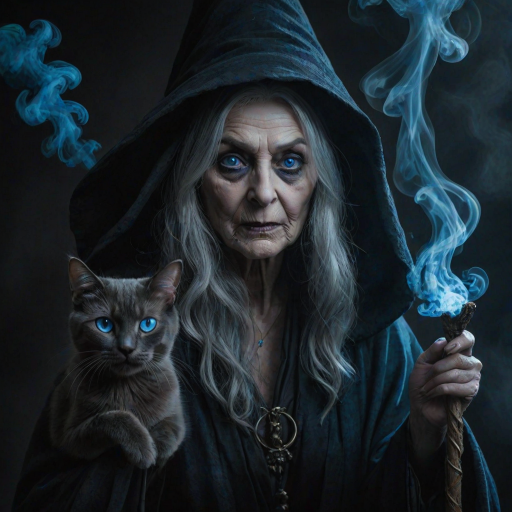 Close-up of a mysterious old crone female witch and her cat made of blue smoke are standing in the dark cackling evilly at the viewer. The smoke is a deep blue, and the background is black. The crone is wearing a long, flowing robe and has a pointed hat on her head. She is holding a staff in one hand and has a mischievous look on her face. The cat is sitting at her feet, looking up at her with glowing blue eyes. The smoke around them is swirling and shifting, as if it has a life of its own. The overall effect is eerie and magical.