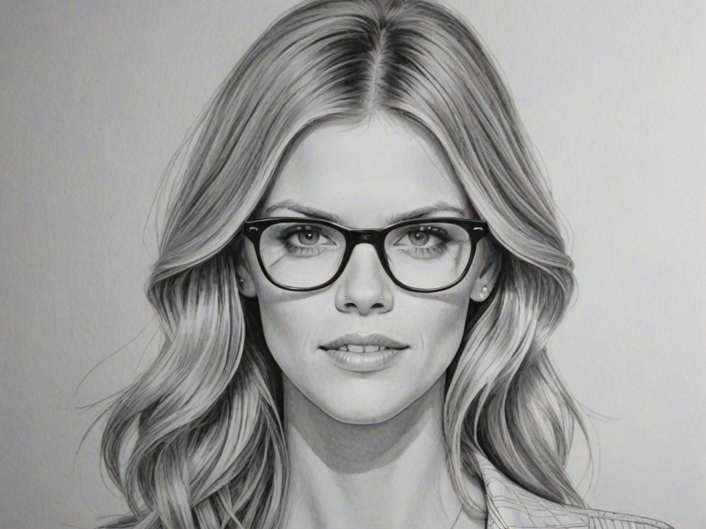 Wonderful Brooklyn Decker, pencil sketch, portrait of Attractive woman 1971s in glasses, hair style beatnik, outline, clear lines, fine lines, 8k