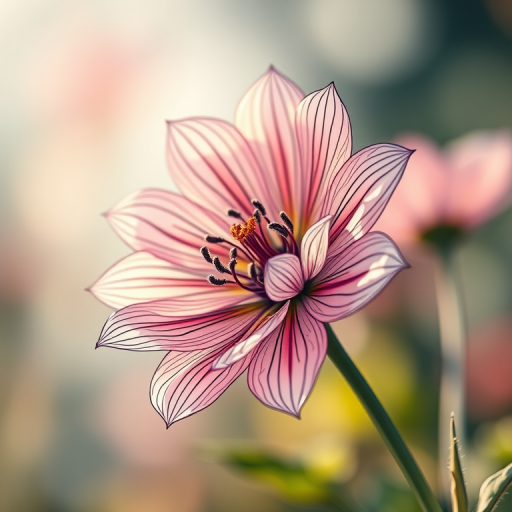 create a hyper-detailed illustration of a flower in a realistic style with intricate line work against a soft-focus background, using a DSLR camera with a 50mm lens at f/2.8, ISO 100, natural lighting, and a shallow depth of field for enhanced image quality