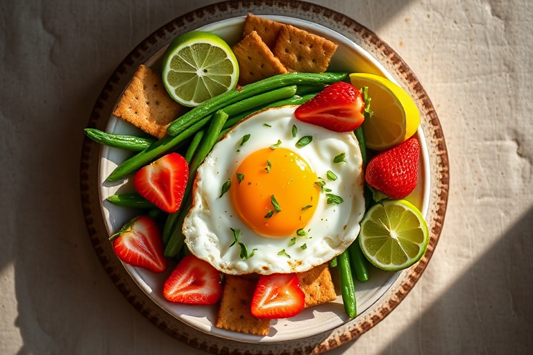A top-down view of a colorful dish featuring a sunny-side-up egg, green beans, crackers, sliced lime, and strawberries on a textured plate with a soft, natural lighting effect, captured with a DSLR camera at f/2.8, 50mm focal length, ISO 100, using a shallow depth of field for enhanced focus on the dish.