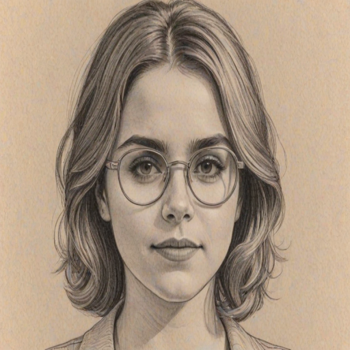 Lovely Mae Whitman, pencil sketch, portrait of Magnificent woman 1970s in glasses, hair style beatnik, outline, clear lines, fine lines, 8k