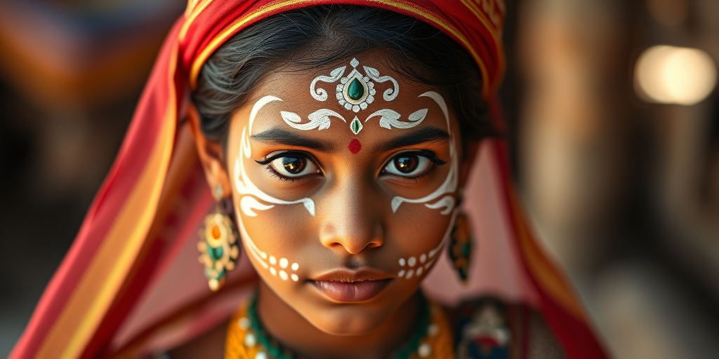 portrait of a young woman with elaborate face paint and traditional attire, shallow depth of field, natural light, 50mm lens, f/1.8 aperture, ISO 200, captured with a DSLR camera