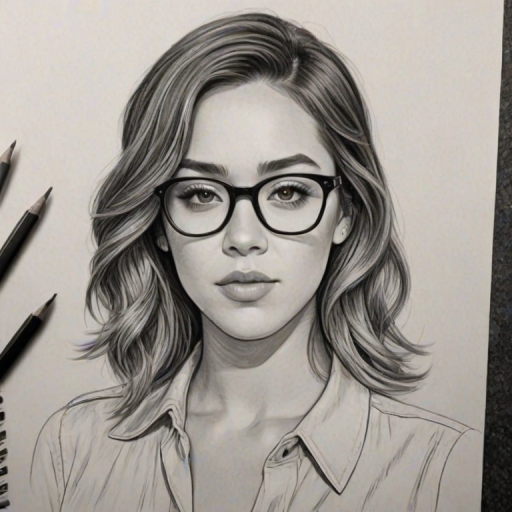 Resplendent Chloe Bennet, pencil sketch, portrait of Appealing woman 1943s in glasses, hair style beatnik, outline, clear lines, fine lines, 8k