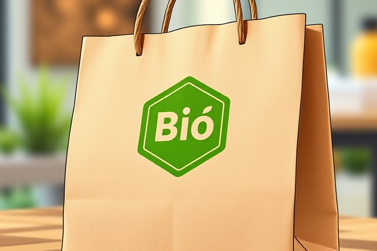Create a detailed illustration of a brown paper shopping bag with a green hexagon logo that reads "BIO," captured in high resolution with a DSLR camera, aperture f/2.8, ISO 100, 50mm lens, 45-degree angle view, natural lighting to enhance clarity and depth.