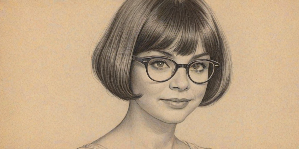 Alluring Cindy Williams, pencil sketch, portrait of Lovely woman 1923s in glasses, hair style beatnik, outline, clear lines, fine lines, 8k