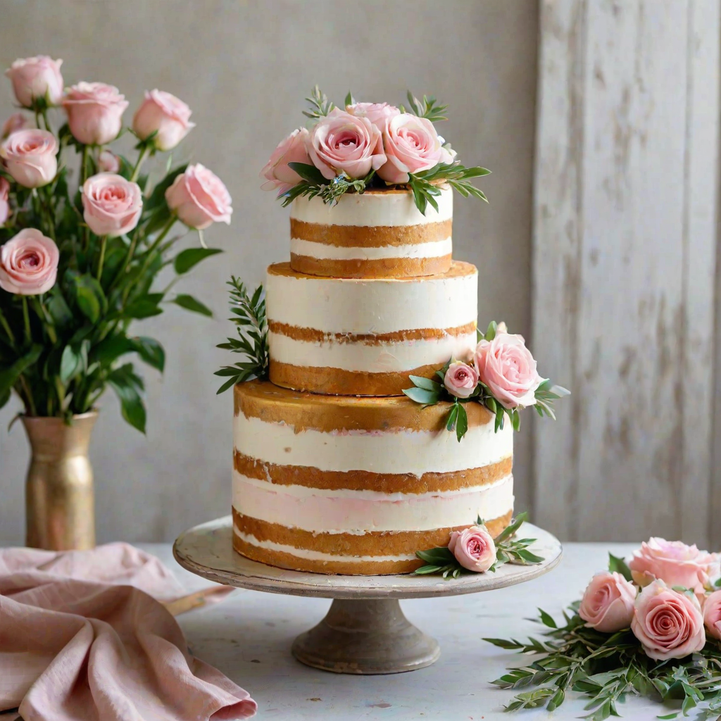 Create an image of a three-tiered cake with a semi-naked design. The cake should have a warm, golden color and be adorned with delicate pink frosting decorations. Add fresh flowers in soft colors, such as pink and cream, along with green foliage for a touch of elegance. The cake should be displayed on a simple white cake stand against a rustic background.