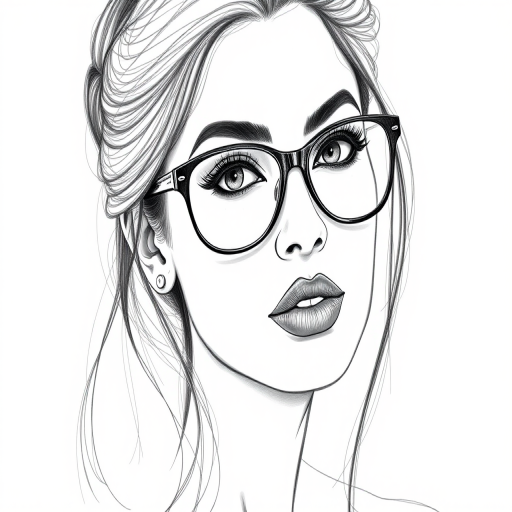 hot mia khalifa, pencil sketch, portrait of beautiful woman 60s in glasses, hair style beatnik, outline, clear lines, fine lines, 8k