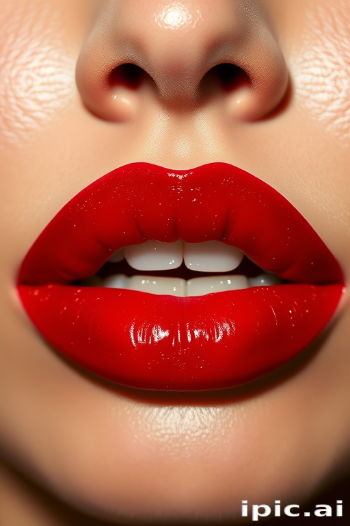 Luscious crimson pout adorned with delicate golden flecks, glossy finish catching the light, plump and voluptuous shape framed by smooth skin, vibrant and alluring Ruby Starlight lips