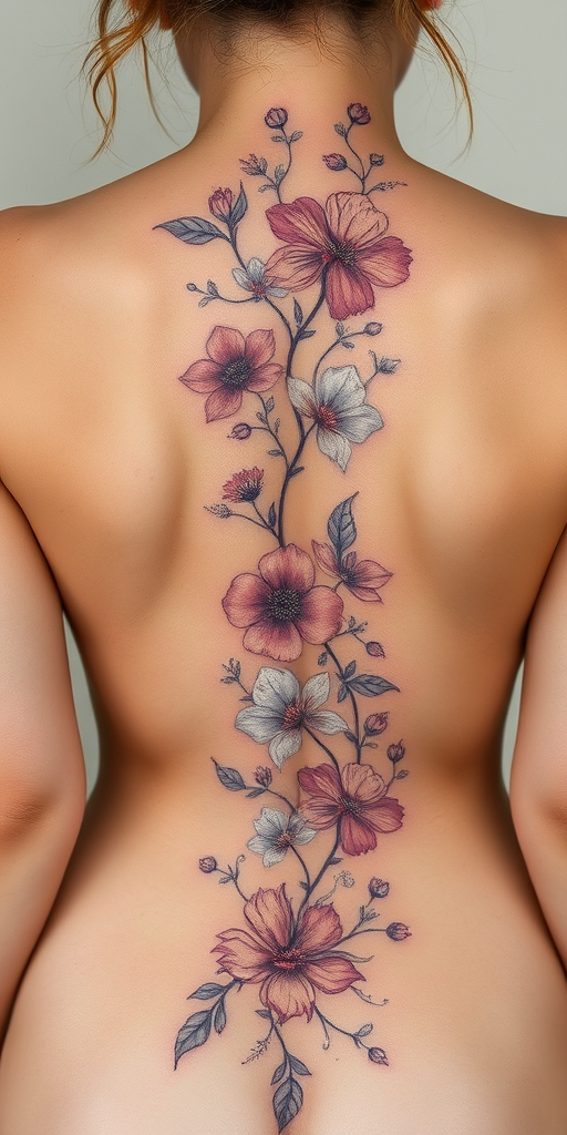 Delicate floral body tattoo cascading down the spine, featuring hyper-realistic botanicals in muted watercolor tones with touches of metallic silver
