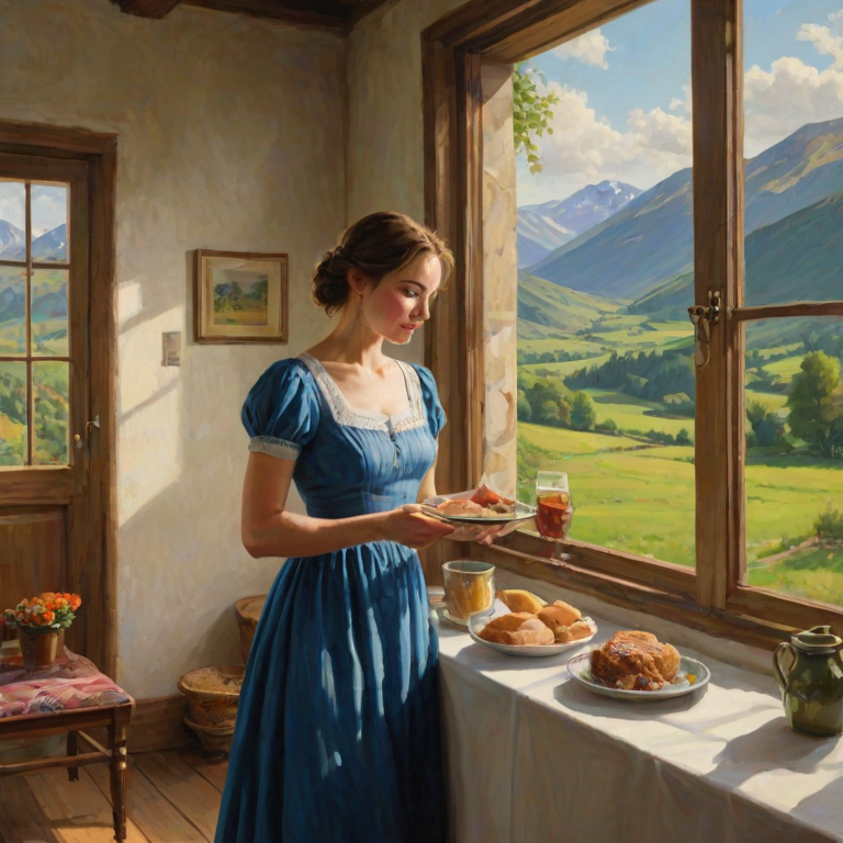 In "A Glass of Beer on the Highland," a serene scene is depicted in a sunlit room where a woman in a vibrant blue dress stands by a large window. She holds a tray with a hearty meal and a frothy glass of beer, embodying a moment of relaxation. Outside, the breathtaking highland landscape features rolling green hills and a charming traditional house, all bathed in warm afternoon light. The interior is adorned with potted plants, creating a harmonious blend of comfort and nature. The painting beautifully captures the tranquility and joy found in simple pleasures amidst stunning scenery