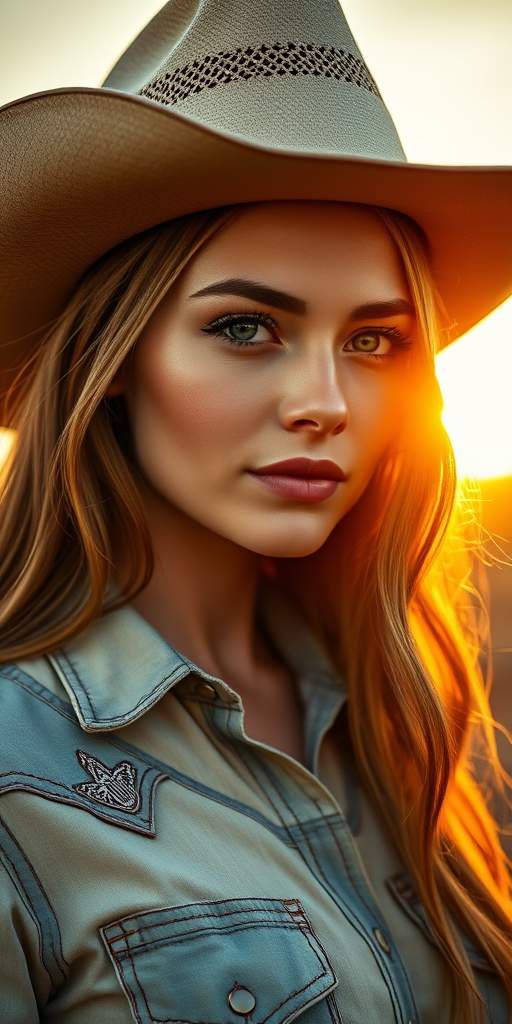 portrait of a young woman wearing a cowboy hat and western shirt during golden hour, focus on her facial expressions, shallow depth of field, 50mm lens, ISO 100, f/1.8, soft natural lighting, high-resolution digital camera