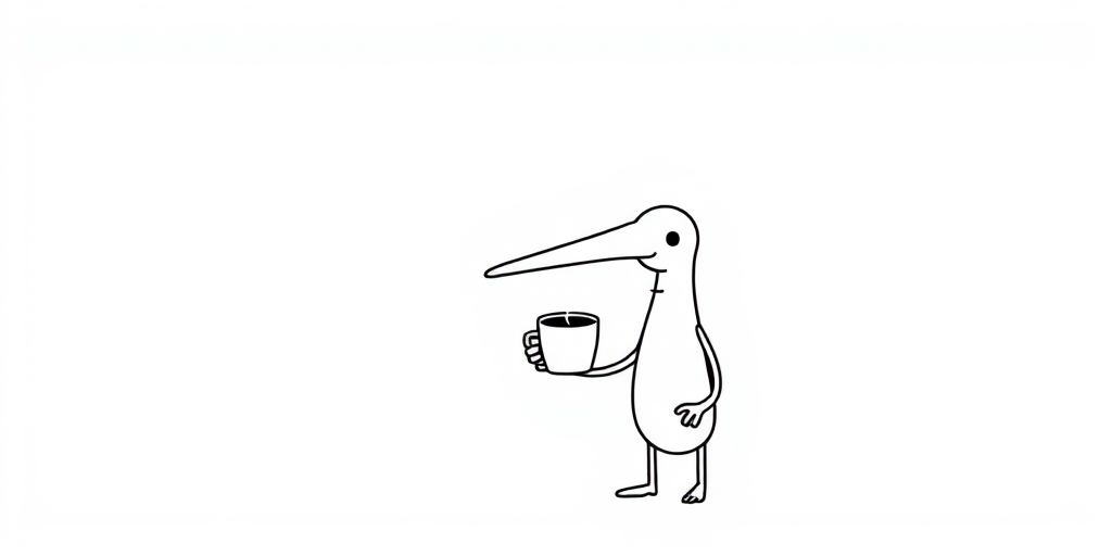 A simple cartoon character with a long oval head and a neutral expression holding a steaming cup of coffee with one hand while the other hand is positioned near its body, drawn in a minimalistic black line style against a plain white background.