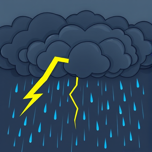 Create an image of a cartoon storm with dark clouds, a bright yellow lightning bolt, and blue raindrops, using a DSLR camera with a 35mm lens, aperture f/8, ISO 100, 1/250 second shutter speed, in a vibrant, illustrative style.