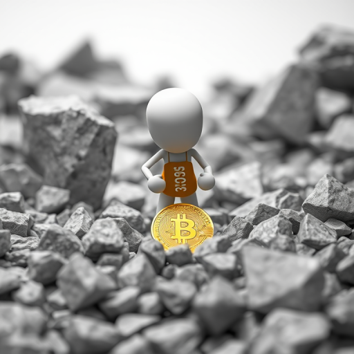 3D render of a stick figure mining for a Bitcoin in gray rocks, front view, soft focus, ISO 200, f/8, shutter speed 1/200 sec, studio lighting, high dynamic range.