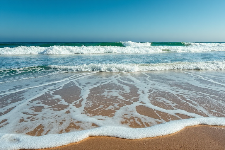 generate a high-resolution image of a beach scene with crashing waves, using a DSLR camera with a 24mm lens, aperture f/8, shutter speed 1/1000s, ISO 200, wide-angle view, and natural lighting.