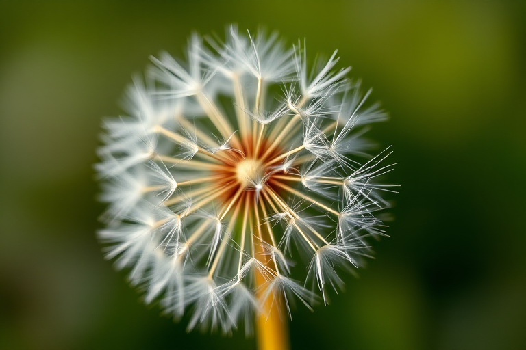 close-up shot of a dandelion seed head, macro photography, aperture f/2.8, shutter speed 1/200 sec, ISO 100, 100mm macro lens, soft focus background, natural light