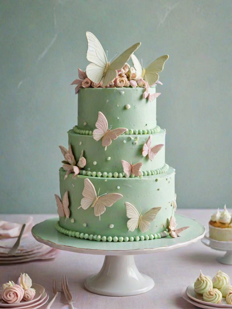 Create a three-layer cake with a smooth mint green frosting. The cake should have delicate pink and white butterflies adorning the top and sides, along with small edible pearls for decoration. The overall appearance should be elegant and appealing, perfect for a celebration.
