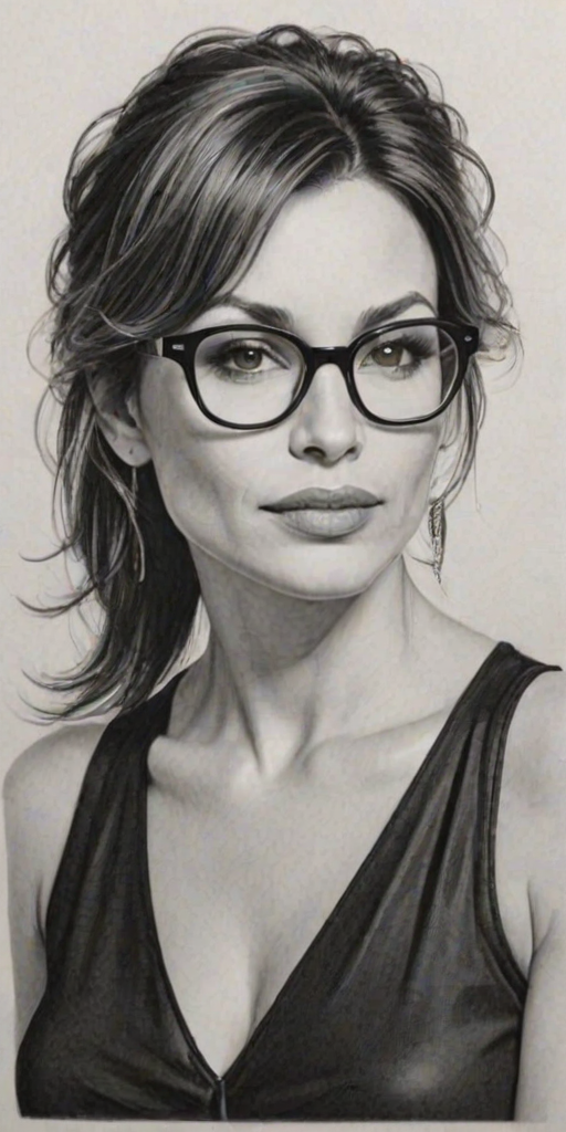 Magnificent Gina Gershon, pencil sketch, portrait of Gorgeous woman 1958s in glasses, hair style beatnik, outline, clear lines, fine lines, 8k