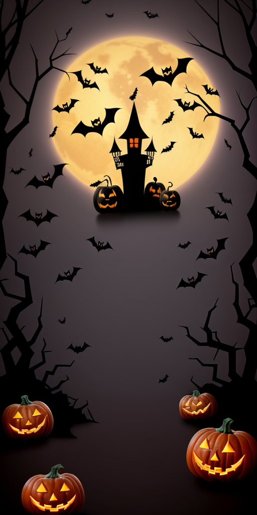 Spooky Halloween Night with Bats, Jack-O'-Lanterns, and a Haunted House