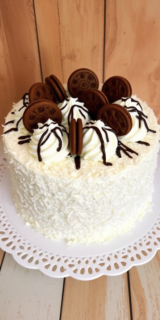 A beautifully decorated cake with a textured exterior covered in shredded coconut and topped with swirls of whipped cream chocolate drizzle and cookie accents arranged artfully on top served on a decorative white plate with a rustic background.
