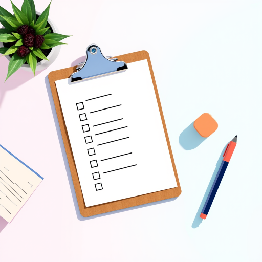 Create a high-quality digital illustration of a clipboard with a checklist, using a 50mm lens, aperture f/2.8, ISO 100, top-down view, in a flat lay style, with vibrant colors and a clean background.