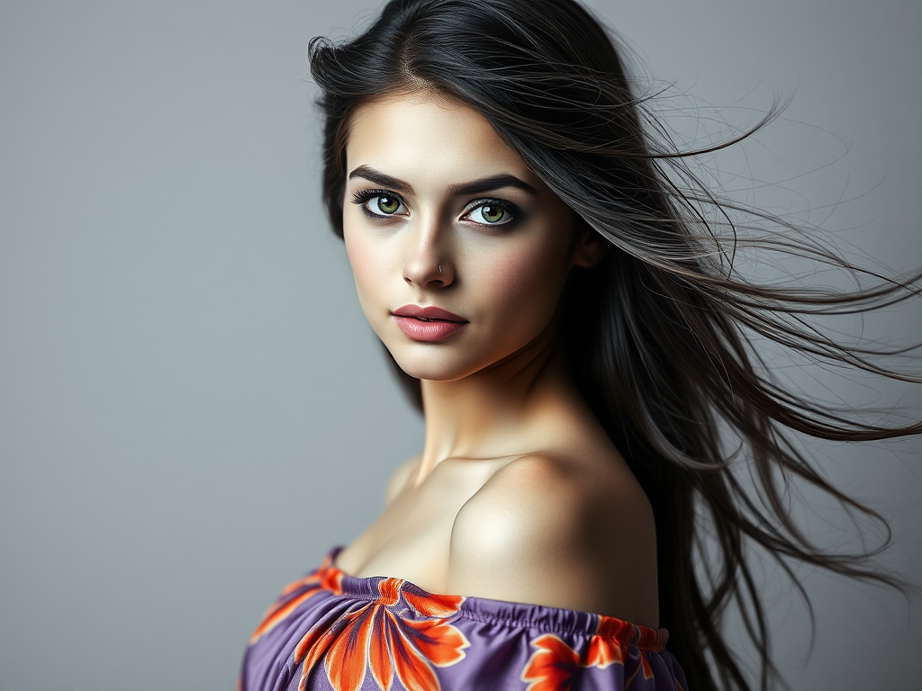 Photographic image of a beautiful young Tajik woman, green eyes, lips with white lipstick, long hair fluttering in the wind and wearing a silk strapless dress with a soft purple and orange print. monochrome image with only color highlights in the iris of the eyes, lipstick and dress. Gray background.