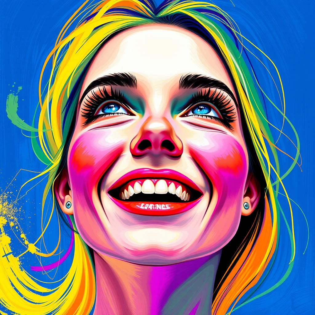 Generate a psychedelic portrait of a woman's happy face with brushstrokes of a woman smiling and looking up at the sky, emphasizing bright and bold colors. The dominant color should be deep blue, with swirling patterns of yellow, green, pink, purple and orange. open blue eyes with long eyelashes, apply an orange-yellow eyeshadow for a mesmerizing effect.