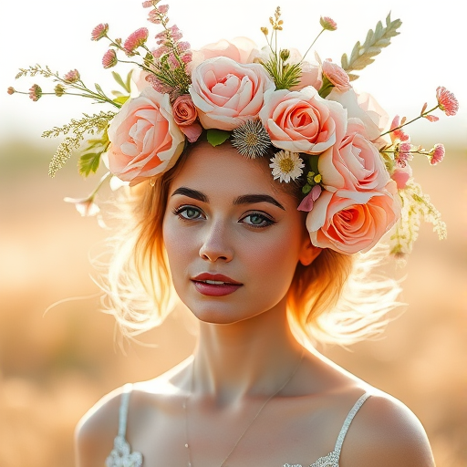 Create a serene portrait of a woman with a lavish floral headdress, featuring a mix of peonies, roses, and wildflowers, using soft pastel colors and warm lighting, captured with a Canon EOS R5 at f/1.8, 50mm lens, in natural light for a dreamy background blur.