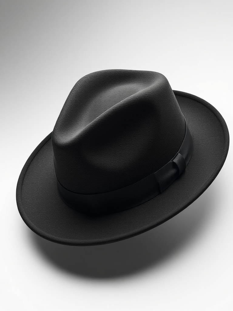 Regenerate a high-quality 3D rendering of a black fedora hat with a gray band, using a Canon EOS 5D Mark IV, aperture f/2.8, ISO 100, 35mm lens, in a studio setup with softbox lighting to enhance detail and texture.
