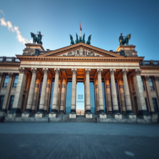 Regenerate an artistic rendition of the Reichstag building in Berlin, showcasing its grand facade with detailed columns and sculptures, use a Canon EOS 5D Mark IV camera, 24mm lens, f/8 aperture, 1/125 sec shutter speed, capture in daylight, with a slight tilt-shift effect for depth.