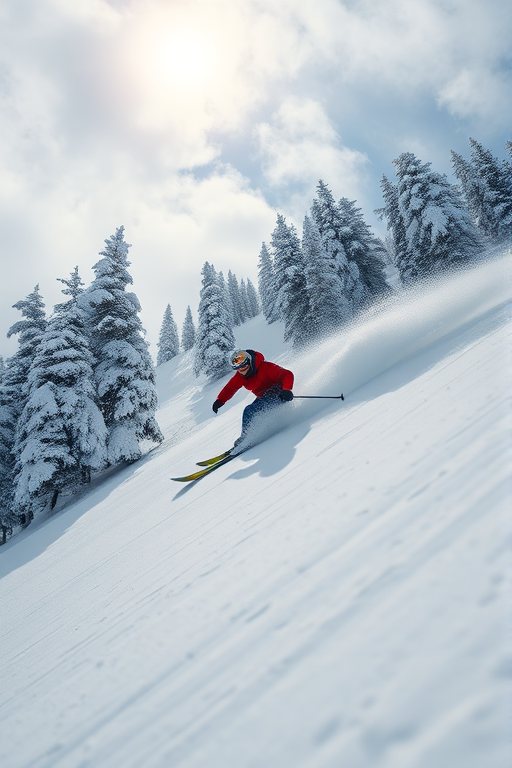 Create an image of a skier in action on a snowy slope, using a Canon EOS 5D Mark IV, 50mm lens, f/2.8 aperture, ISO 100, shutter speed 1/1000s, with a dynamic angle from a low perspective, emphasizing motion and speed, in a high-resolution style.
