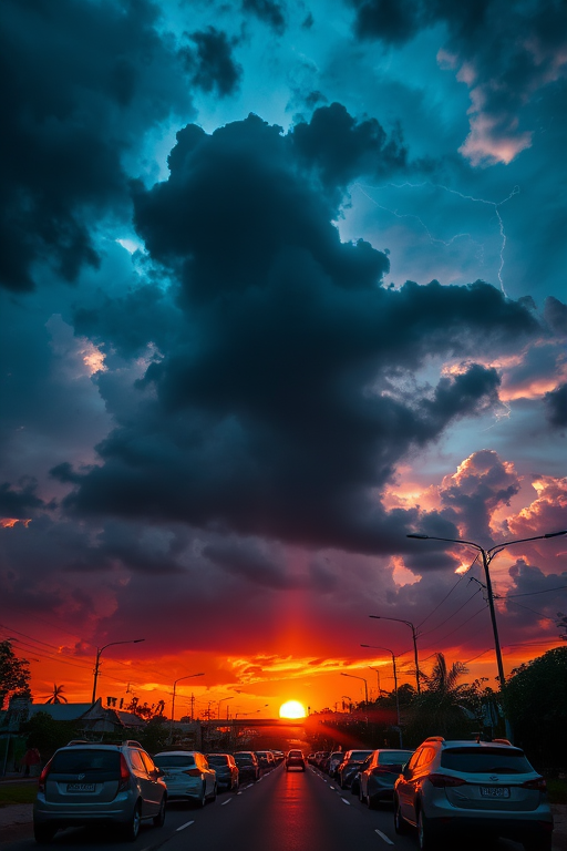 Create a vibrant scene of a dramatic sunset with dark clouds and lightning, featuring a street lined with cars, using a DSLR camera at f/8, ISO 200, 1/125 sec, with a wide-angle lens, capturing the view from street level for depth and enhanced detail.