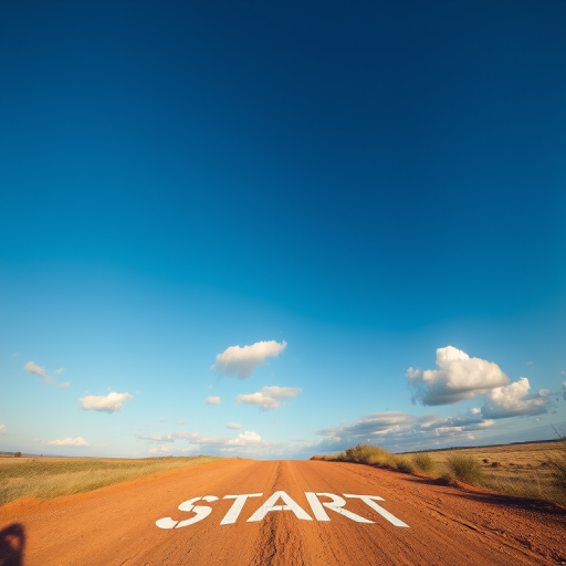 Capture a wide-angle shot of a dirt road with the word "START" painted on it, clear blue sky with fluffy clouds, early morning light, ISO 100, f/8 aperture, 24mm lens, DSLR camera, HDR style.