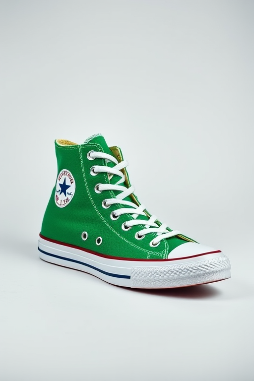 High-quality image of a green Converse Chuck Taylor All Star high-top sneaker, shot with a Canon EOS R5 at f/4, ISO 100, 1/125s, with a 85mm lens in a soft box lighting setup on a solid white background.