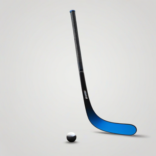 create a simple, sleek illustration of a hockey stick with a black shaft, gray blade, and a blue accent near the handle on a transparent background