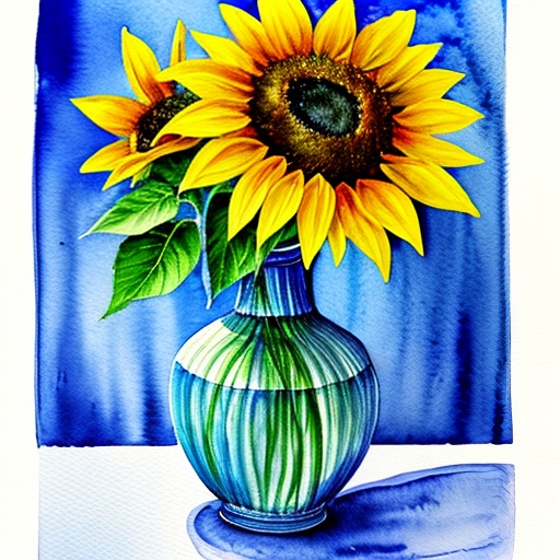 Watercolor painting of a blue vase with sunflower flowers