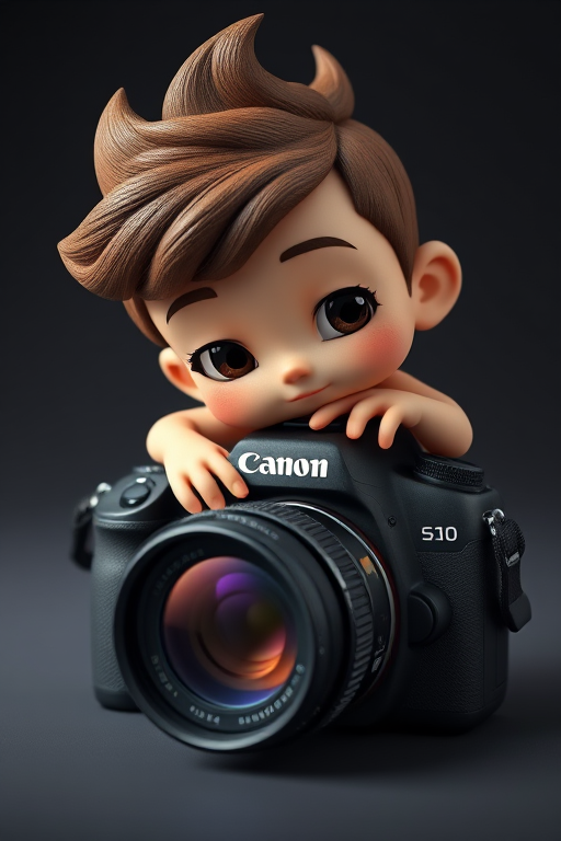 Create a 3D render of a cartoon character leaning on a Canon camera with a focus on intricate details and textures, using a 50mm lens at f/1.8, ISO 100, shutter speed 1/125s, in a studio lighting setup to enhance image quality.