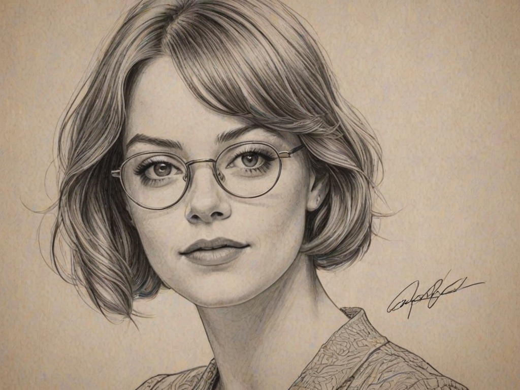 Magnificent Emma Stone, pencil sketch, portrait of Captivating woman 1920s in glasses, hair style beatnik, outline, clear lines, fine lines, 8k