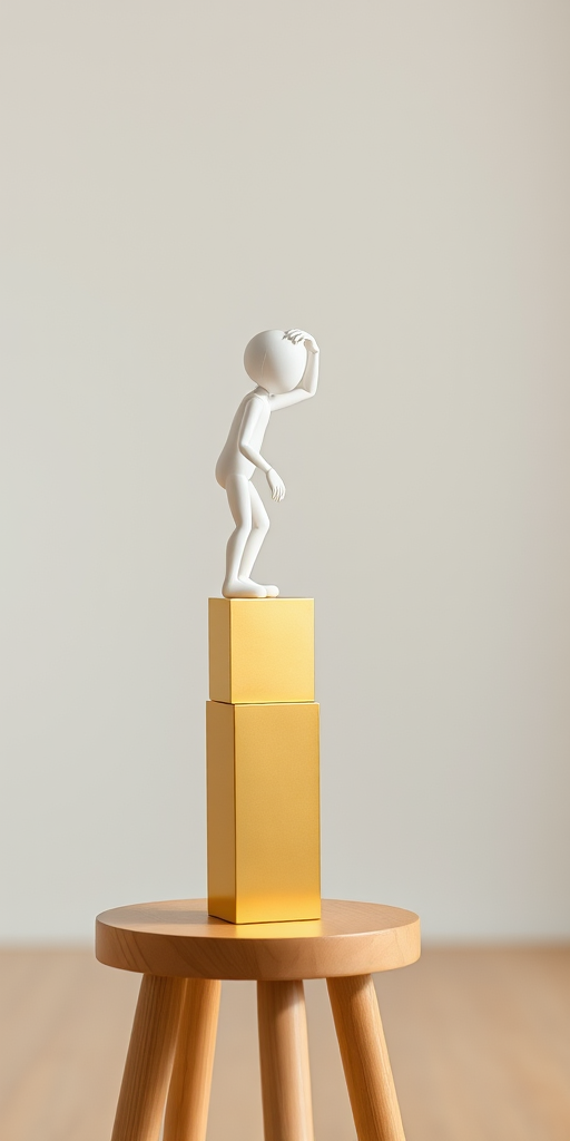 A minimalist scene featuring a small white humanoid figure stacking a shiny gold block on a taller gold column while standing on a wooden stool, captured with a Canon EOS R5, 50mm lens, aperture f/2.8, ISO 100, natural soft lighting, shallow depth of field for enhanced focus on the figure and blocks.