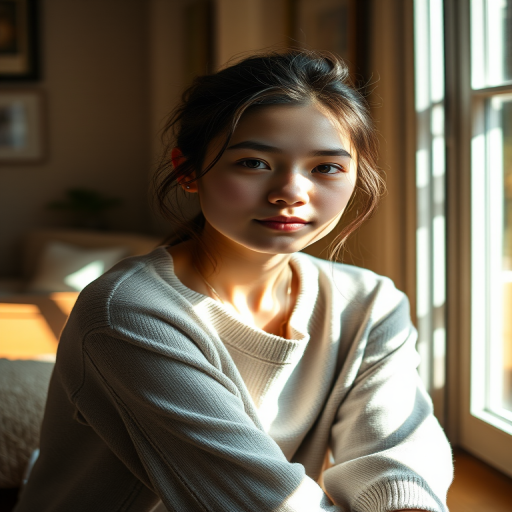 Regenerate a portrait of a young woman sitting with soft natural light highlighting her face, using a 50mm lens, f/1.8 aperture, ISO 100, shutter speed 1/200s, in a cozy indoor setting with warm tones, captured with a DSLR camera.