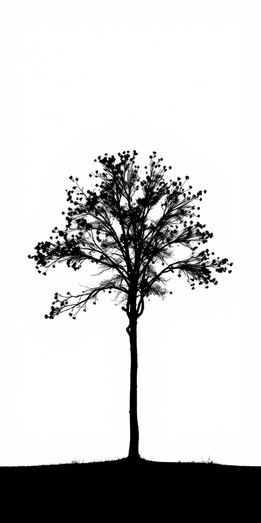 Generate a minimalist black silhouette of a tree against a white background, using a Canon EOS R5 camera with a 50mm lens, aperture f/1.8, ISO 100, 1/200s shutter speed, in a high contrast photography style.