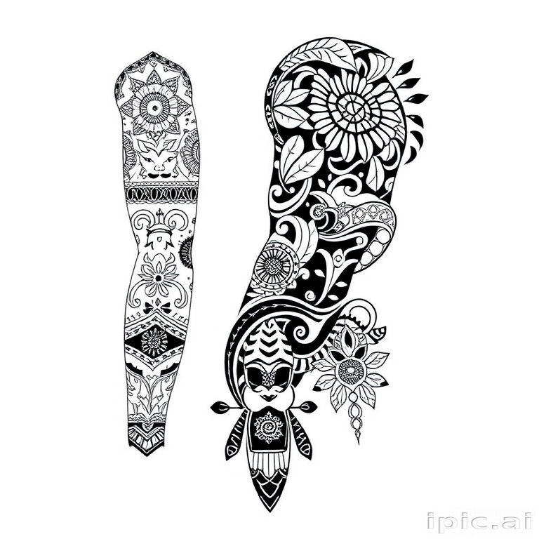 Tribal-inspired blackwork tattoo featuring intricate Polynesian-style patterns and symbols, woven together to form a cohesive full-sleeve design with bold negative space