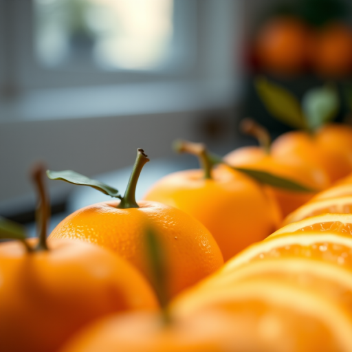 Close-up photo of fresh oranges arranged neatly, natural light, shallow depth of field, f/2.8, ISO 100, 50mm lens, DSLR camera, vibrant colors, high resolution.