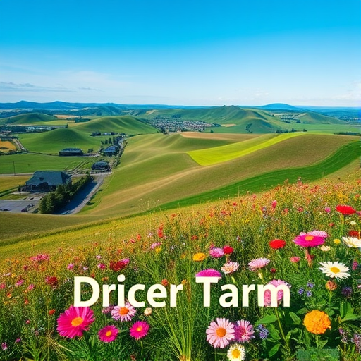 Generate a high-quality image of a picturesque landscape featuring rolling hills, vibrant flowers, and a clear blue sky, using a Canon EOS R5 camera with a 24-70mm lens, aperture set at f/8, ISO 100, at a focal length of 35mm, in natural lighting conditions and shot from a slightly elevated viewpoint for depth.