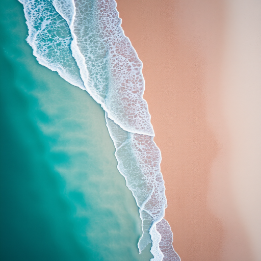 Capture an aerial view of a pristine beach with turquoise waters and gentle waves lapping against the shore, using a DSLR camera with a 24mm lens, ISO 100, aperture f/8, and a shutter speed of 1/250 sec to enhance clarity and detail.