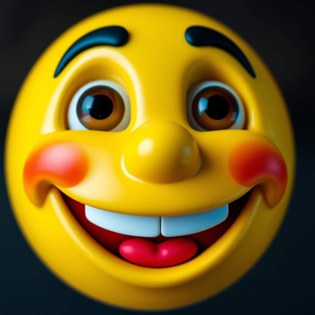 Create a vibrant and cheerful smiley emoji with exaggerated features, bright yellow color, large eyes, and a wide grin, captured with a DSLR camera at f/2.8 aperture, ISO 100, 50mm lens, shot in macro view for enhanced detail and clarity.