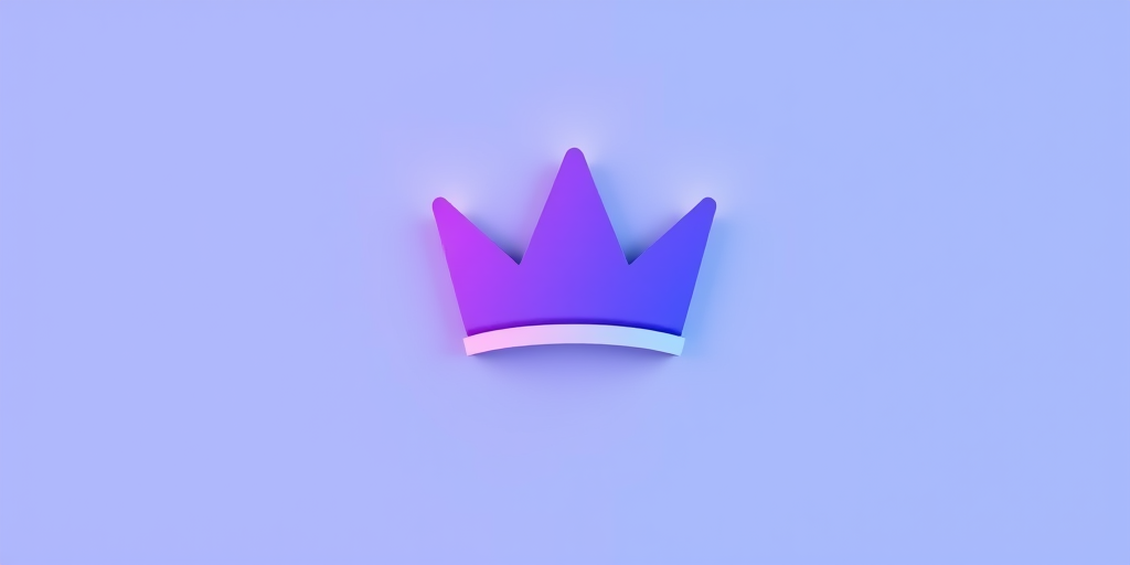 Create a minimalist logo featuring a stylized crown with a gradient of purple shades, white highlights, and a soft blue background, captured with a Canon EOS R5 at f/4, ISO 100, 35mm lens, in soft natural lighting for enhanced clarity and depth.